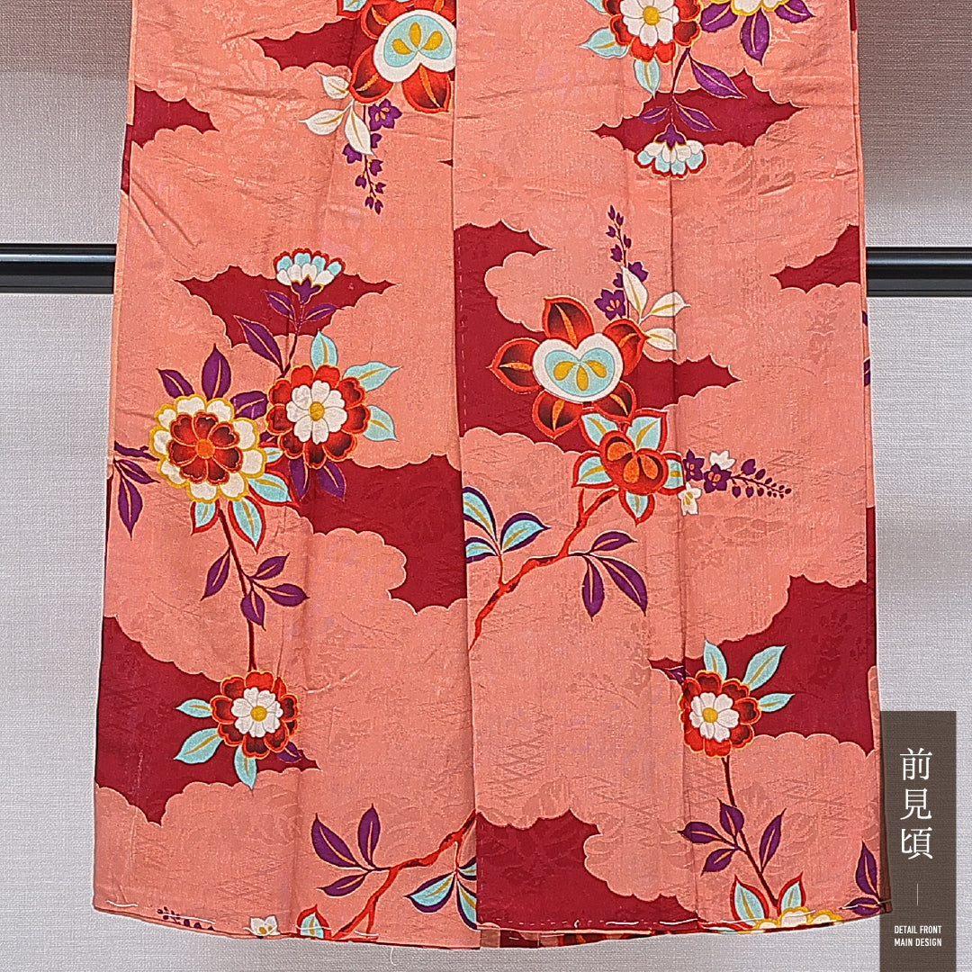 アンティーク 小紋 袷 身丈127cm 裄丈62cm 正絹 Cランク 広衿 XSサイズ 橘 朱系 M4 1221-16744