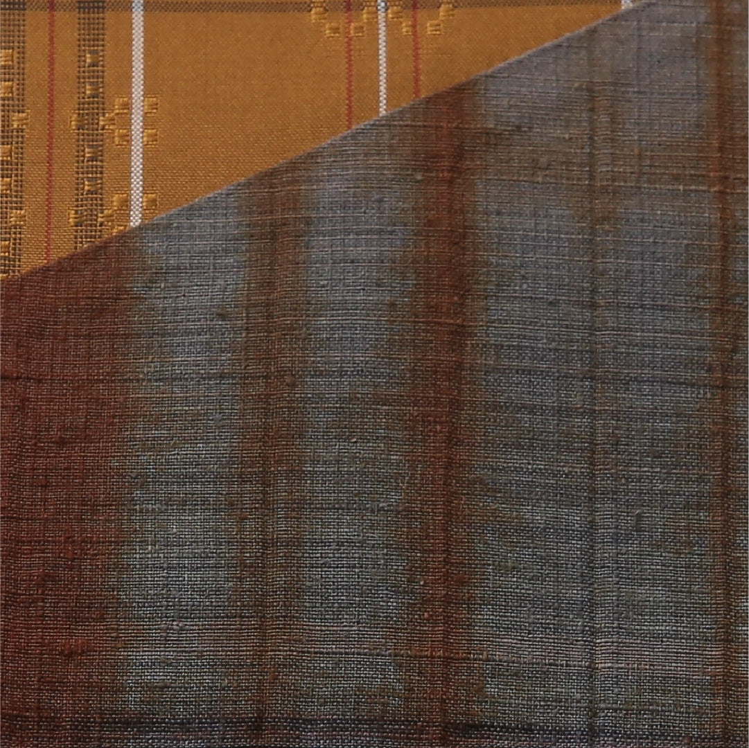 九寸名古屋帯 帯丈456cm カジュアル 開き仕立て 全通 リバーシブル Aランク 正絹 創作柄 黄系 グレー系 1224-03378