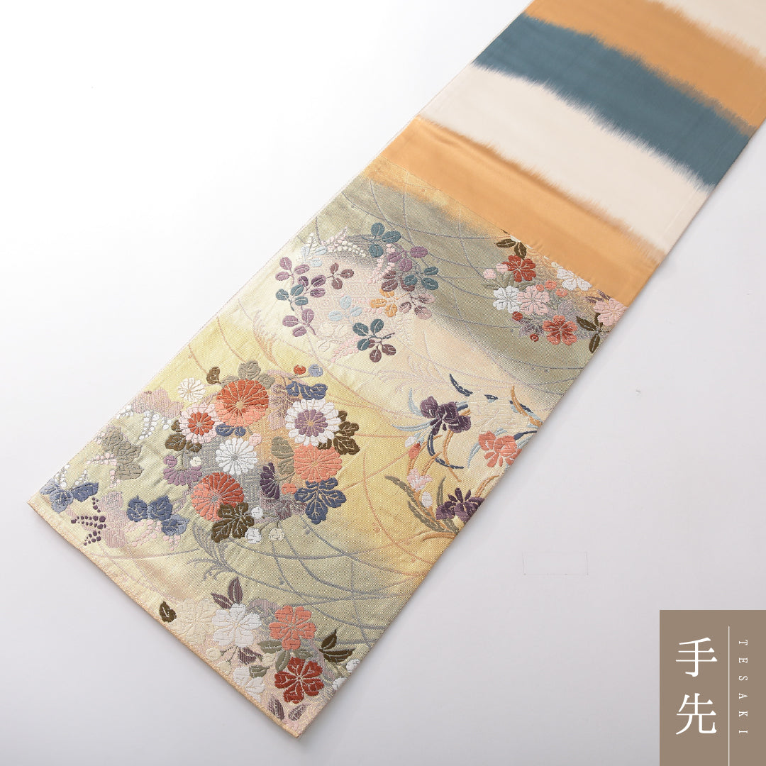 袋帯 帯丈442cm 正絹 六通 フォーマル 風景柄 四季草花 吉祥文様 多色系 1243-02117