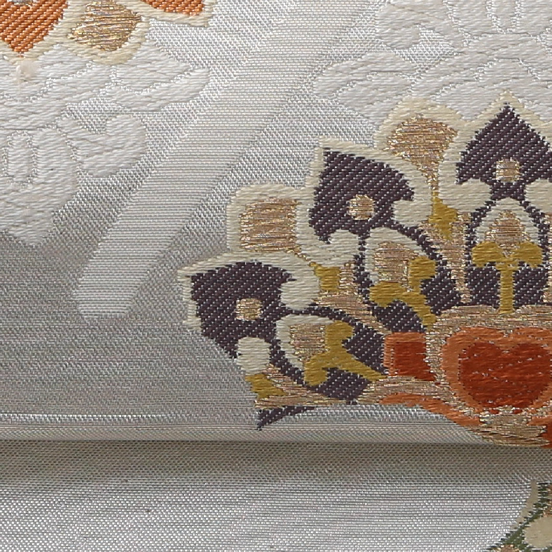 袋帯 帯丈440cm フォーマル 六通 帯芯なし Cランク 正絹 宝相華 雲取り クリーム系 銀系 1223-02132