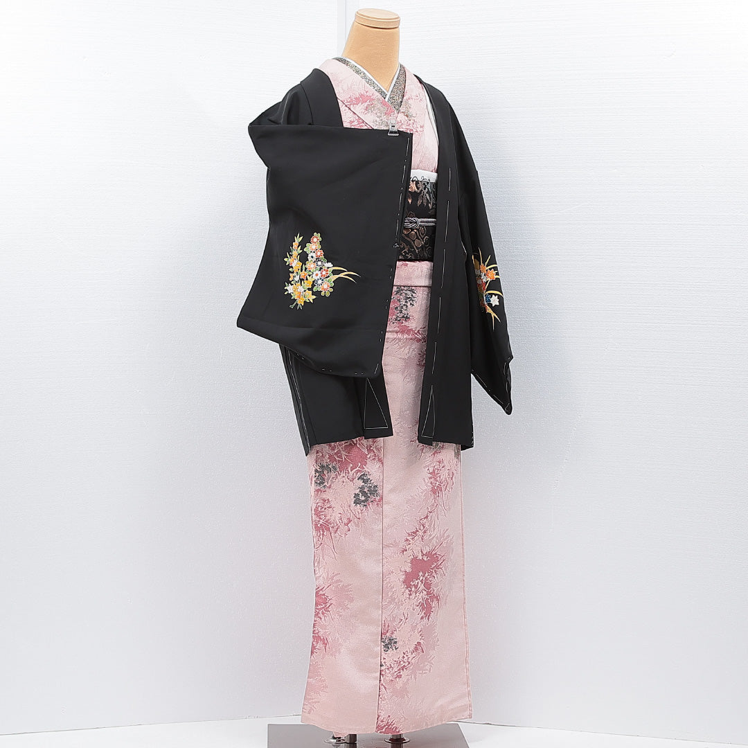 黒羽織 袷 身丈79cm 裄丈63cm 正絹 Aランク 一つ紋 (五三桐) セミフォーマル Sサイズ 紐あり 花車 黒系 RP 1233-15306
