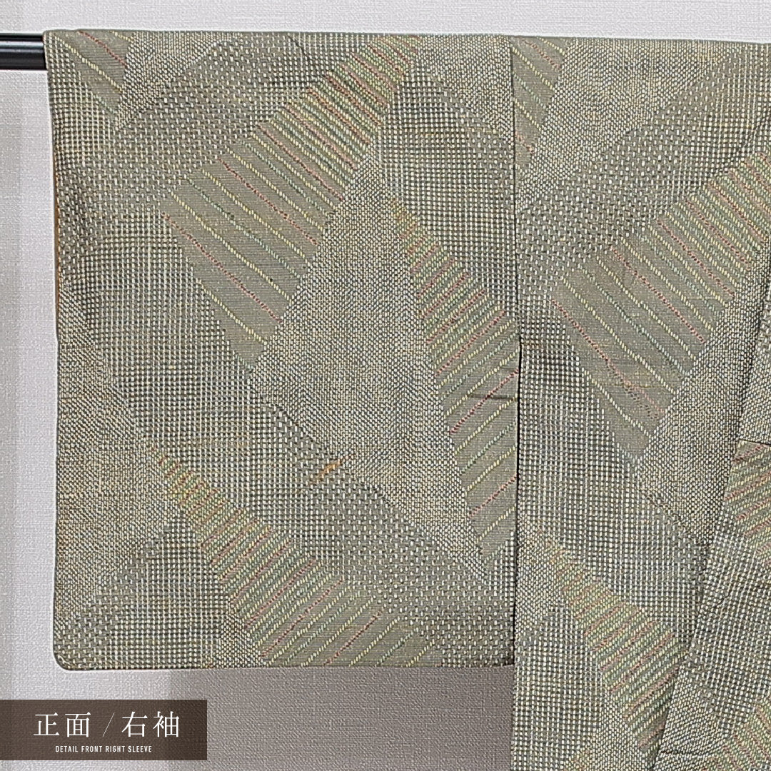 紬 袷 身丈162cm 裄丈63cm 正絹 Sランク カジュアル 広衿 Lサイズ 抽象柄 緑系 RP 1223-15508