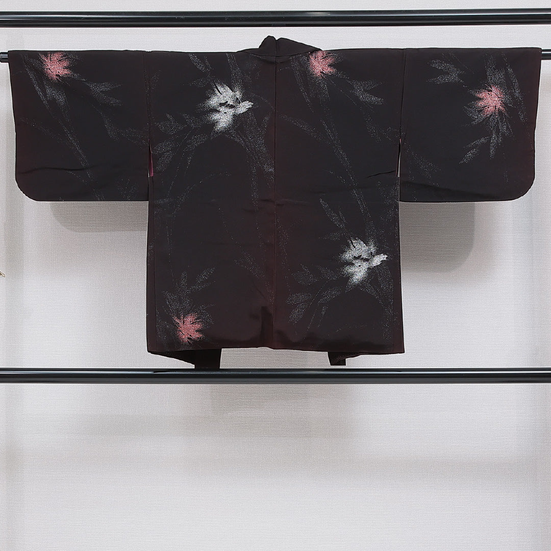 羽織 袷 身丈74cm 裄丈63cm 正絹 Cランク カジュアル Sサイズ 漆糸 紐あり 植物柄 黒系 LP 1232-16148
