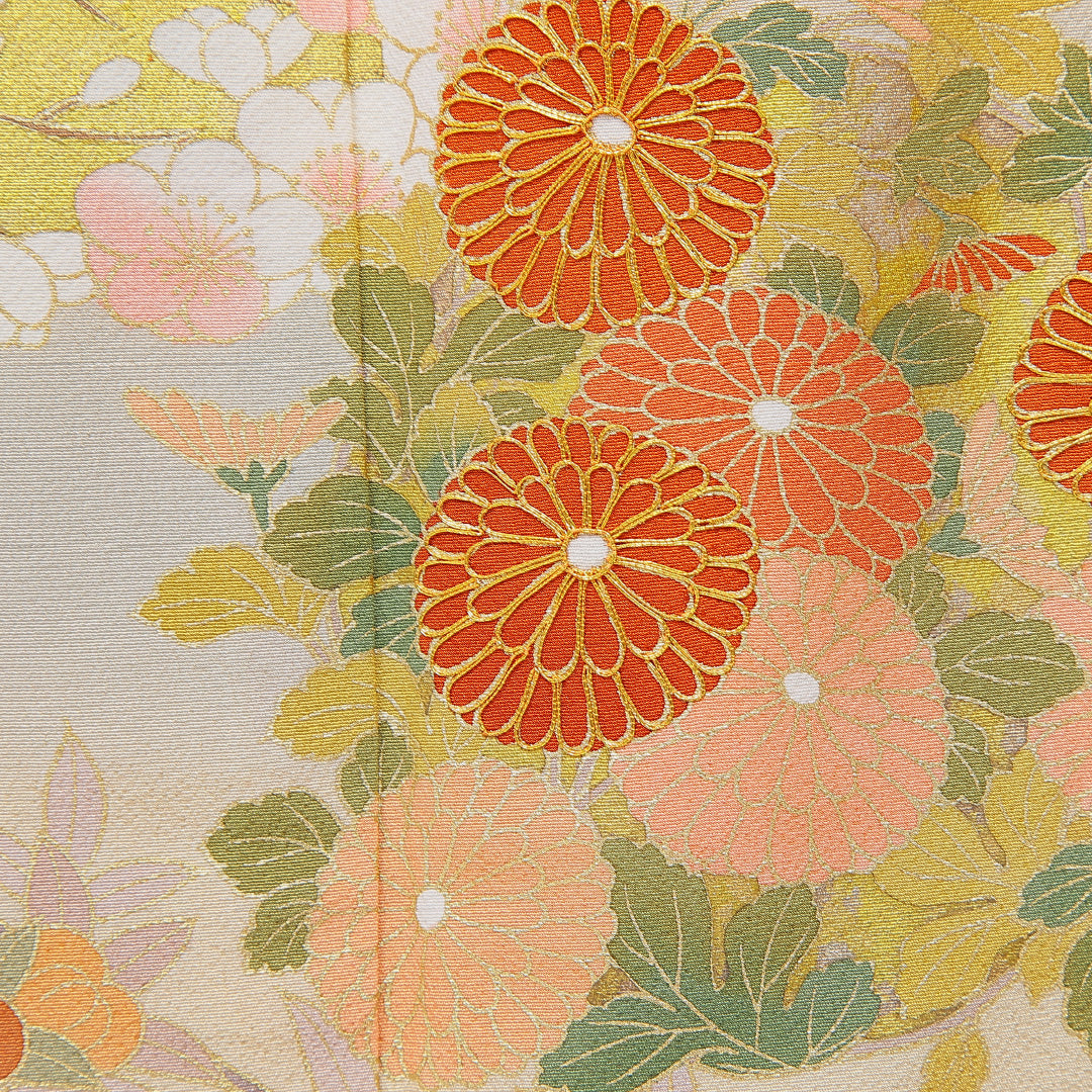 色留袖 袷 身丈162cm 裄丈67cm 一つ紋 セミフォーマル Sランク Lサイズ 正絹 広衿 菊 金駒刺繍 1211-F0653