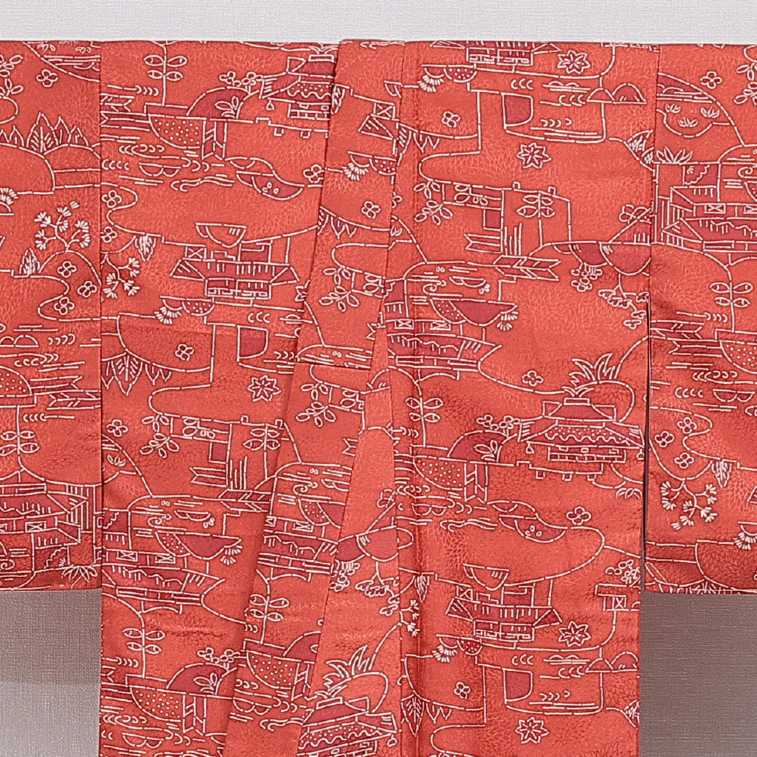小紋 袷 身丈156cm 裄丈62cm 正絹 Aランク インフォーマル バチ衿 Mサイズ 茶屋辻 赤系 HP 1221-16040