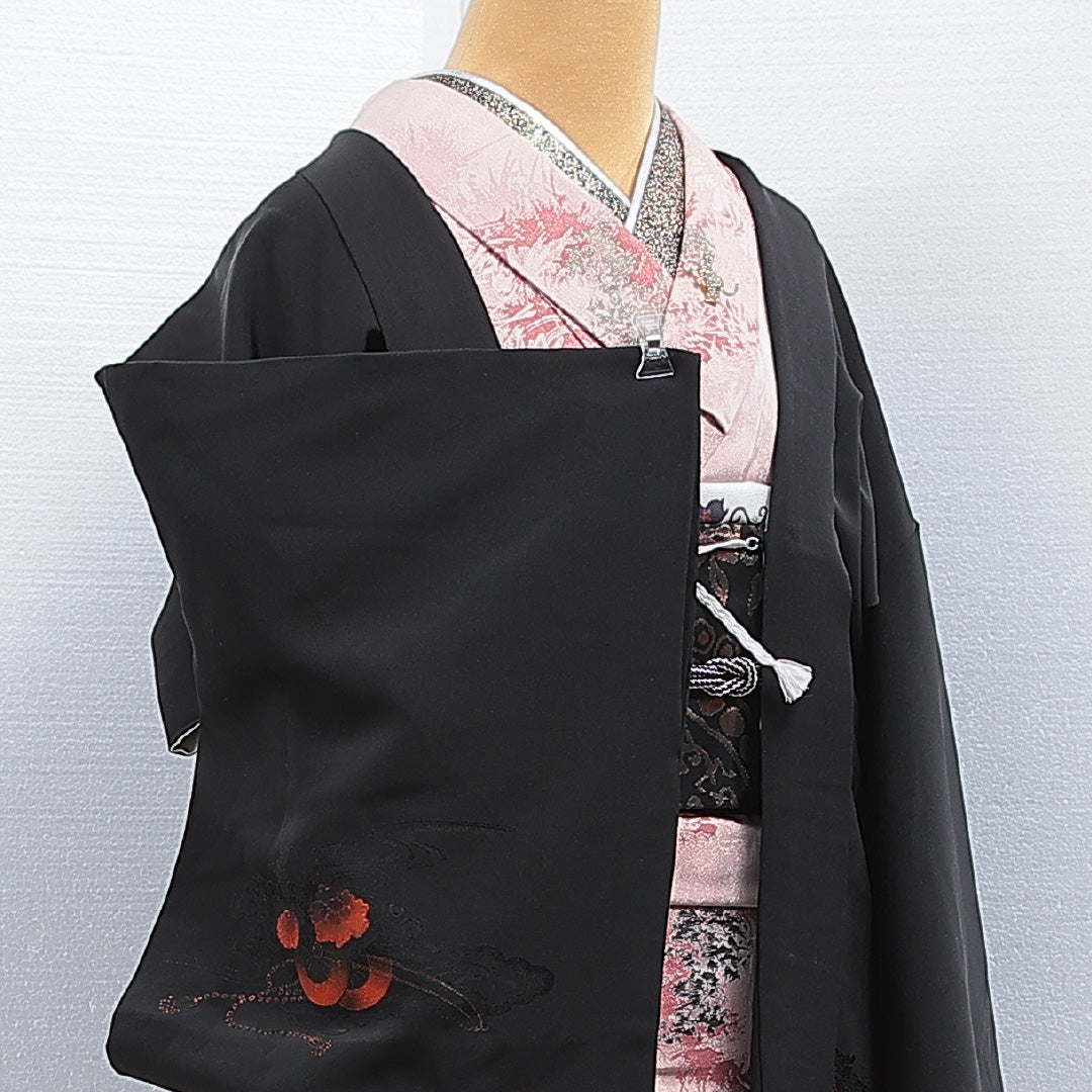 黒羽織 袷 身丈80cm 裄丈63cm 正絹 Aランク Sサイズ インフォーマル 紐あり 花車 絵羽羽織 黒系 1217-16154