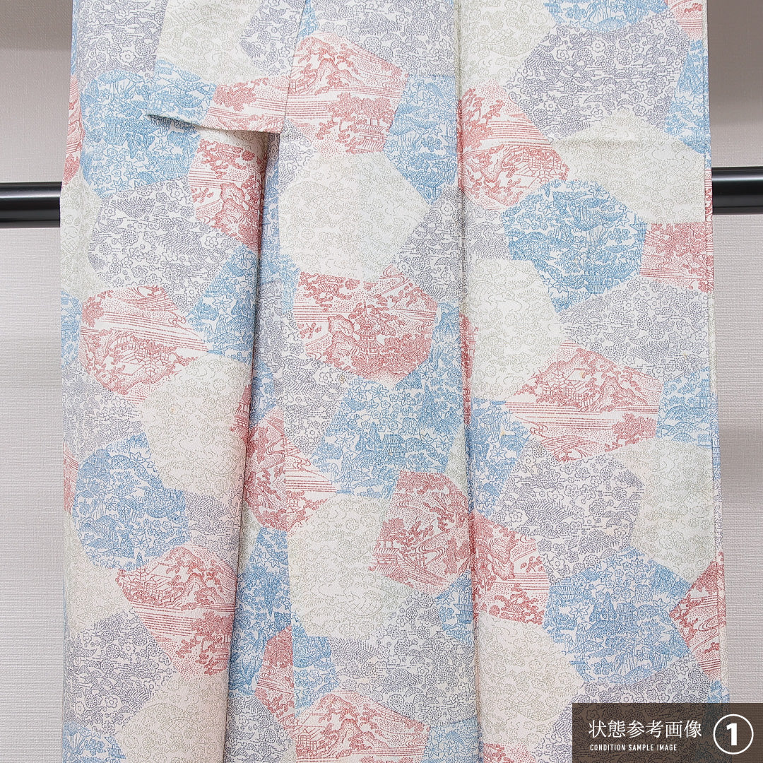 洗える着物 小紋 袷 身丈150cm 裄丈62cm ポリエステル Bランク インフォーマル 広衿 Sサイズ 茶屋辻 多色系 HP 1221-15837