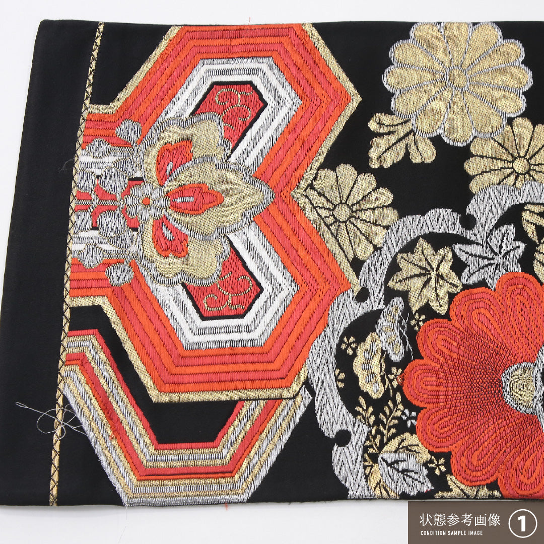 袋帯 帯丈414cm フォーマル 六通 未仕立て 帯芯なし Aランク 正絹 毘沙門亀甲 菊 黒系 1223-02229