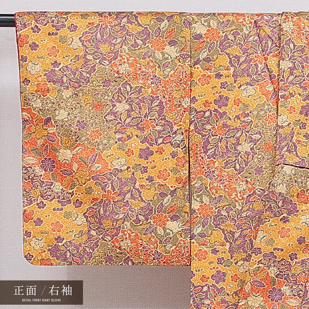 洗える着物 小紋 袷 身丈160cm 裄丈63cm ポリエステル Sランク インフォーマル 広衿 Lサイズ 菊 椿 黄系 RP 1221-16371