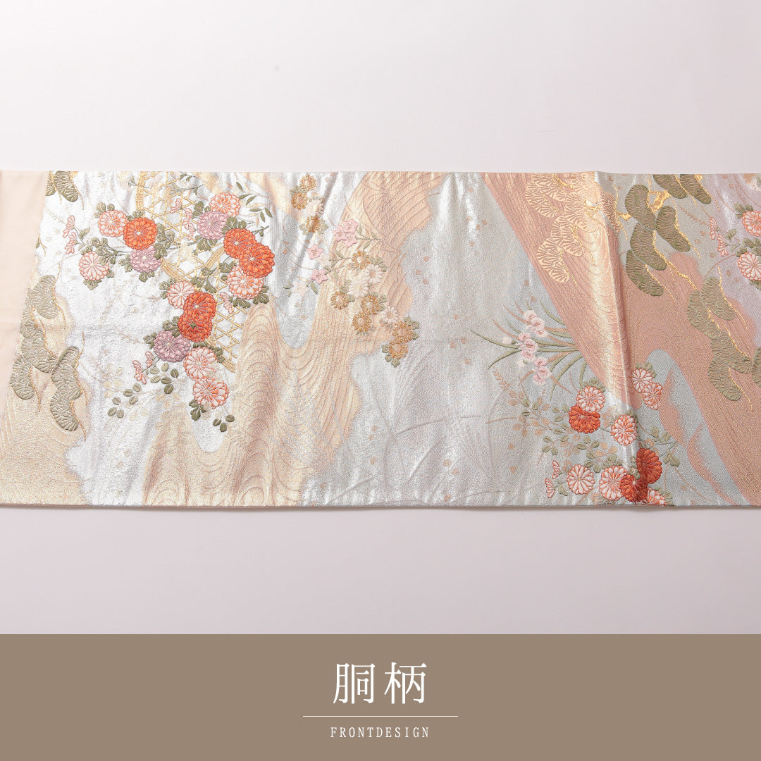 袋帯 帯丈440cm 正絹 六通 フォーマル 光悦垣 龍田川 銀系 1243-01844