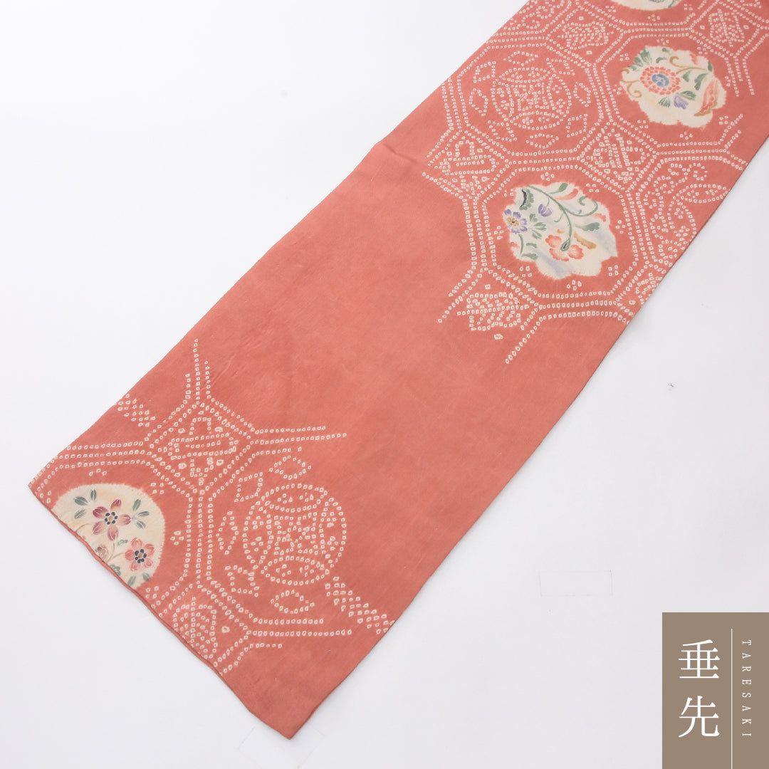 アンティーク 九寸名古屋帯 帯丈30.9cm 名古屋仕立て 全通 Bランク 正絹 染め帯 蜀江 花柄 ピンク系 1224-04047