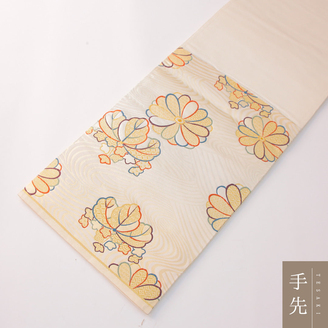 未使用品 袋帯 帯丈436cm 正絹 六通 フォーマル 家紋柄 荒磯 菊 桐 クリーム系 1243-02302