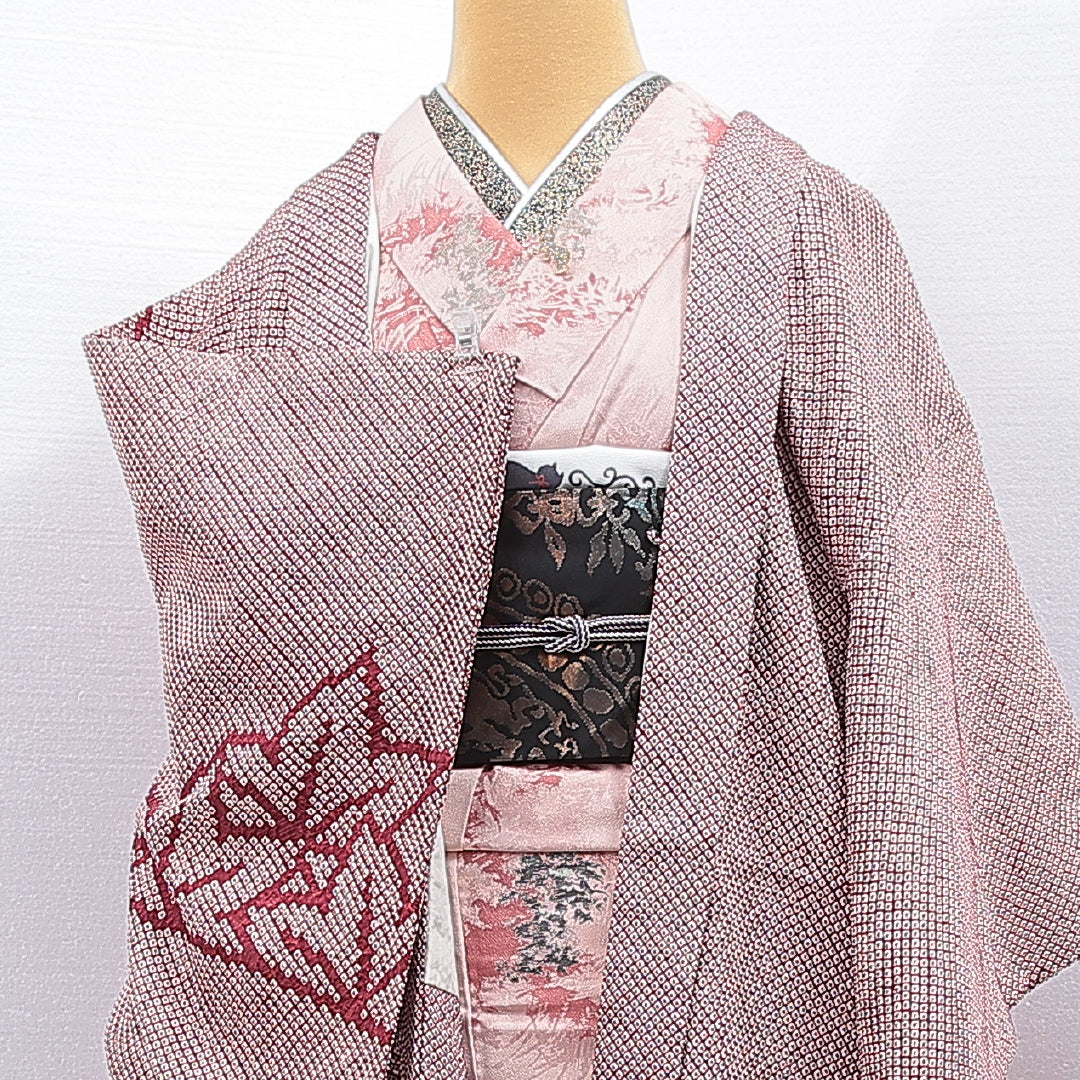 絵羽羽織 袷 身丈80cm 裄丈65cm 正絹 Cランク インフォーマル Mサイズ 梅 紅葉 赤系 HP 1234-16785