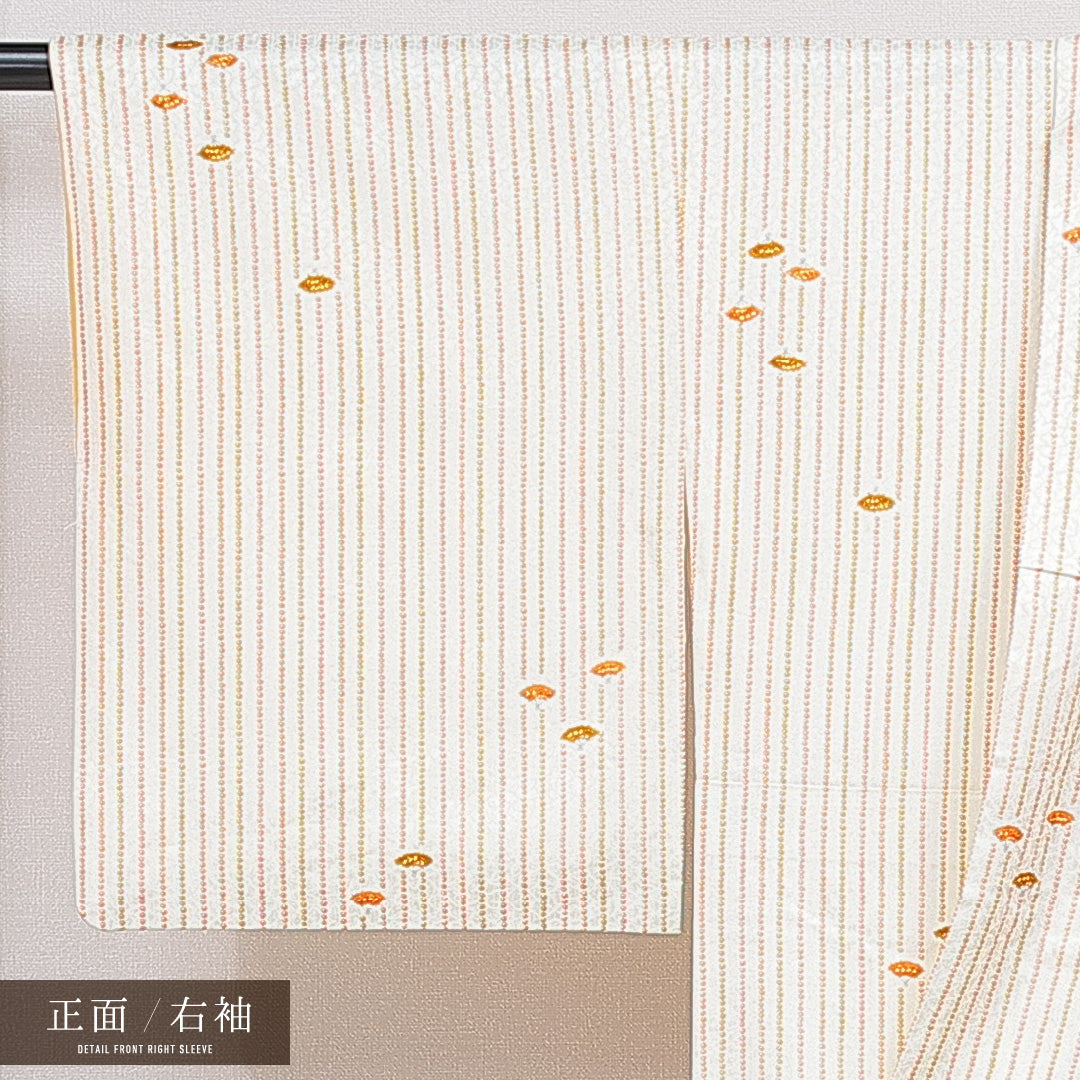 小紋 袷 身丈158cm 裄丈64cm 正絹 Sランク インフォーマル 広衿 Mサイズ 扇 鹿の子柄 クリーム系 RP 1221-16079
