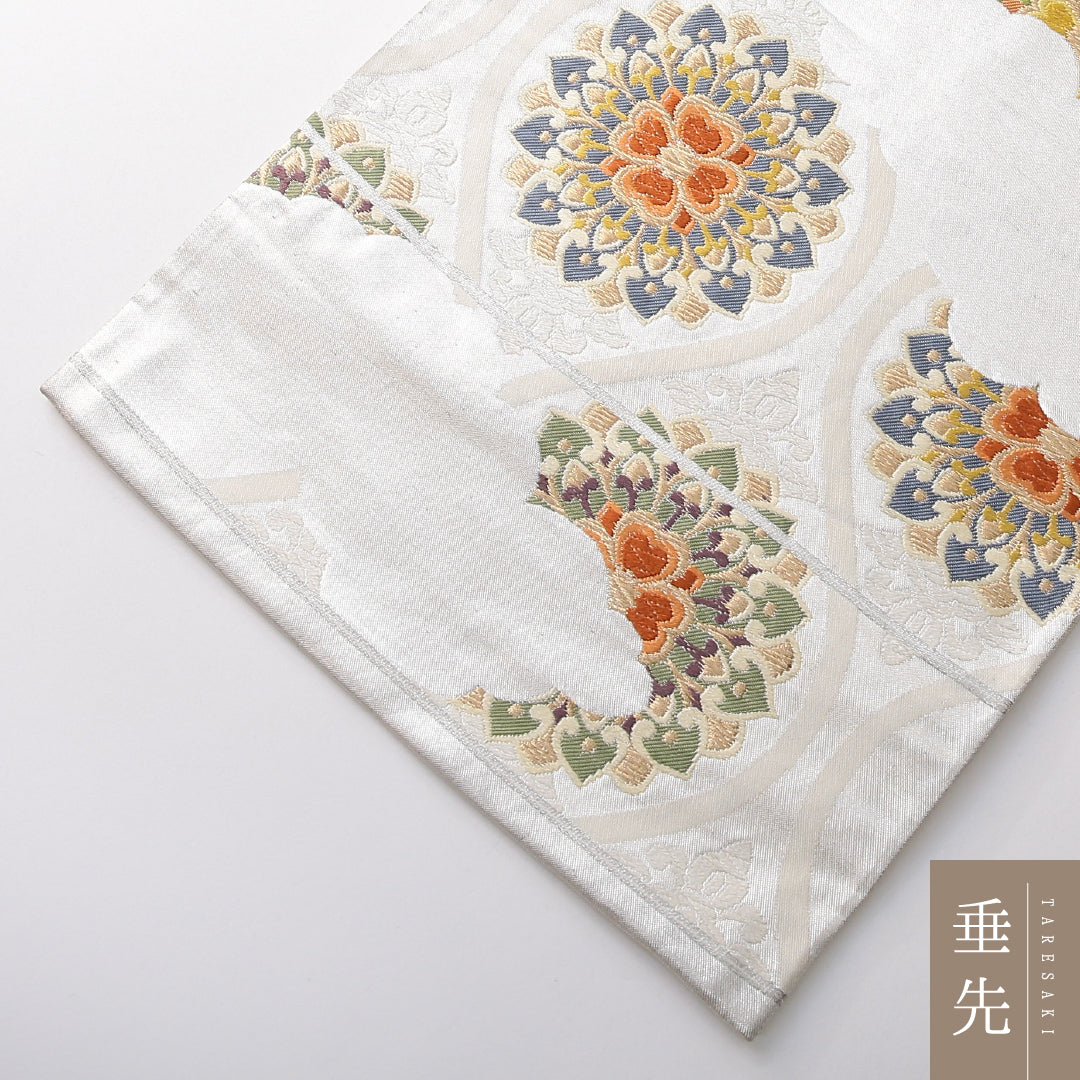 袋帯 帯丈440cm フォーマル 六通 帯芯なし Cランク 正絹 宝相華 雲取り クリーム系 銀系 1223-02132