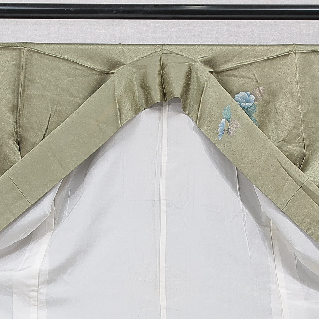 訪問着 袷 身丈161cm 裄丈67cm 正絹 Cランク Lサイズ 広衿 セミフォーマル 牡丹 緑系 1212-15660