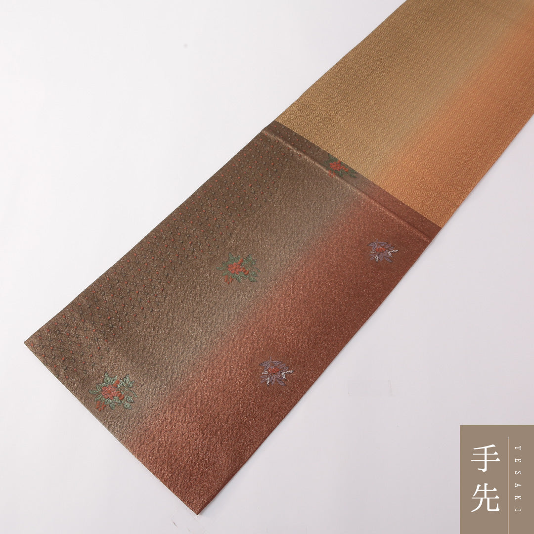 袋帯 帯丈432cm セミフォーマル 六通 Sランク 正絹 ふくれ織 椿 茶系 緑系 1223-01769