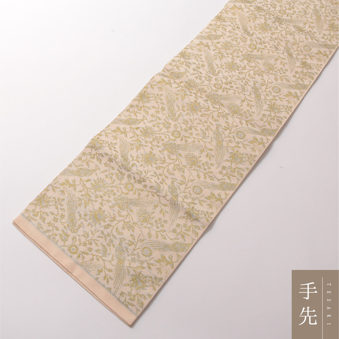 九寸名古屋帯 帯丈376cm カジュアル 開き仕立て 全通 未仕立て Aランク 正絹 花柄 クリーム系 1224-03195