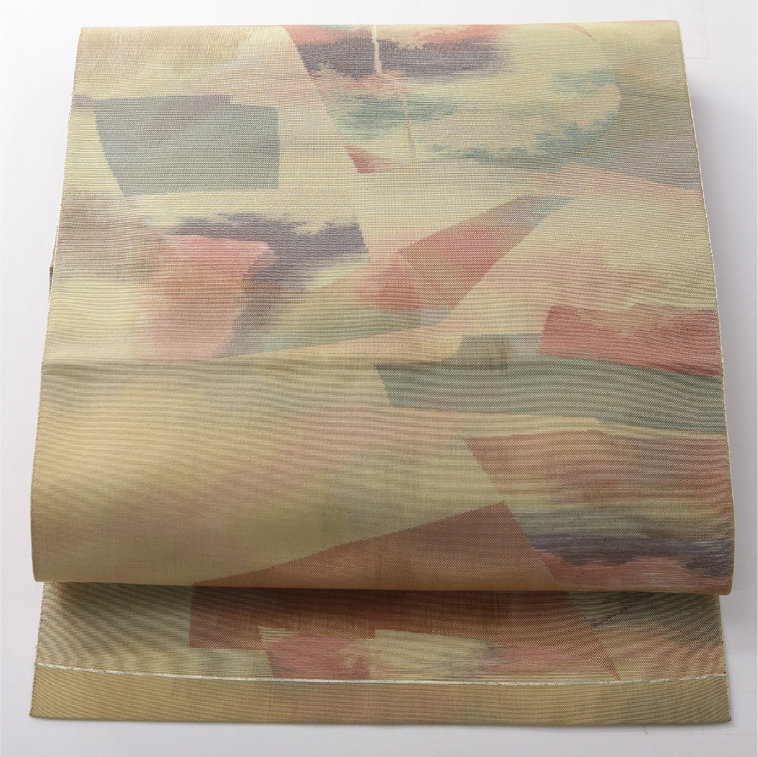 八寸名古屋帯 帯丈368cm カジュアル 松葉仕立て 全通 Sランク 正絹 抽象柄 多色系 1224-03828