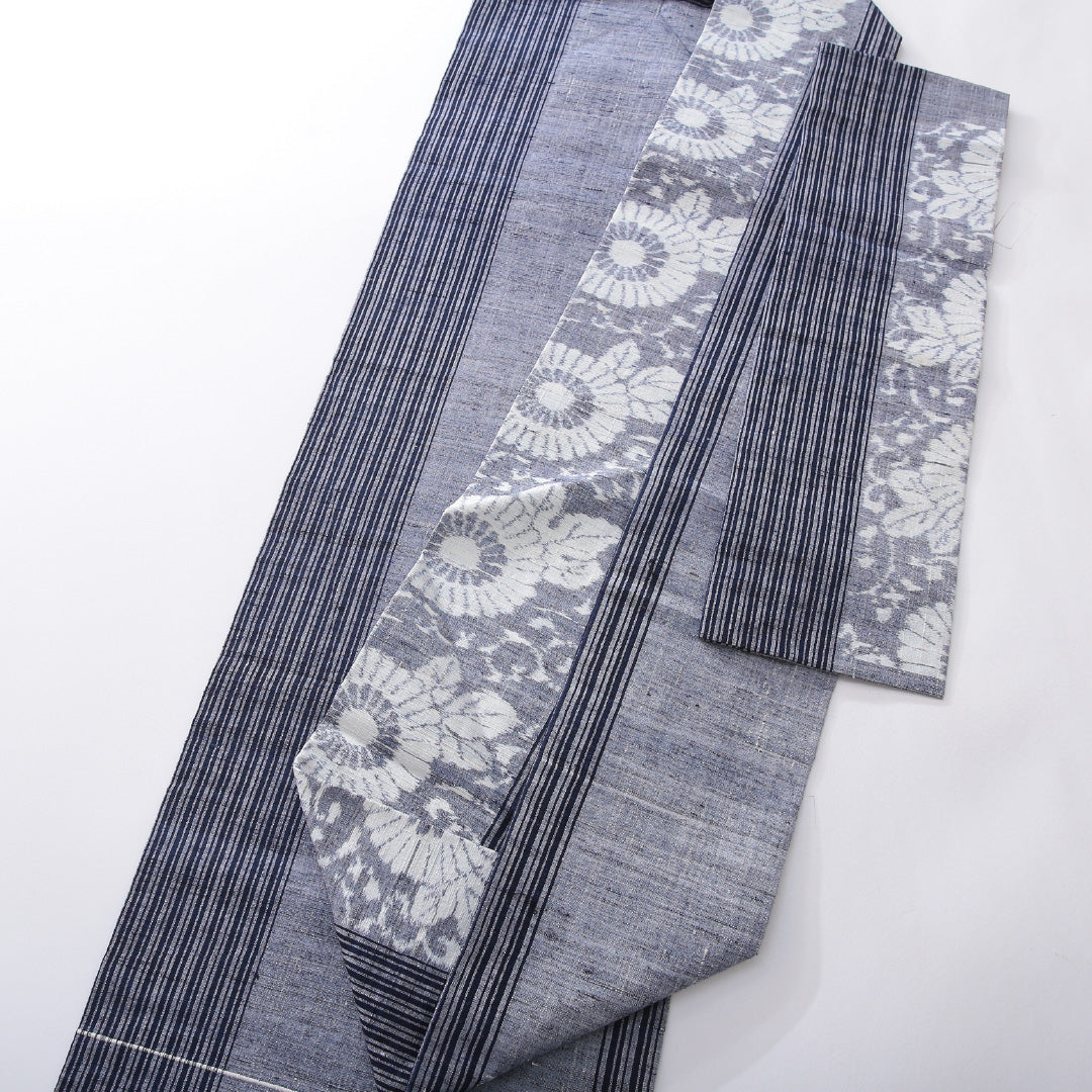 九寸名古屋帯(紬) 帯丈353cm カジュアル 名古屋仕立て 全通 Cランク 正絹 唐菊 縞 紺系 1224-03951