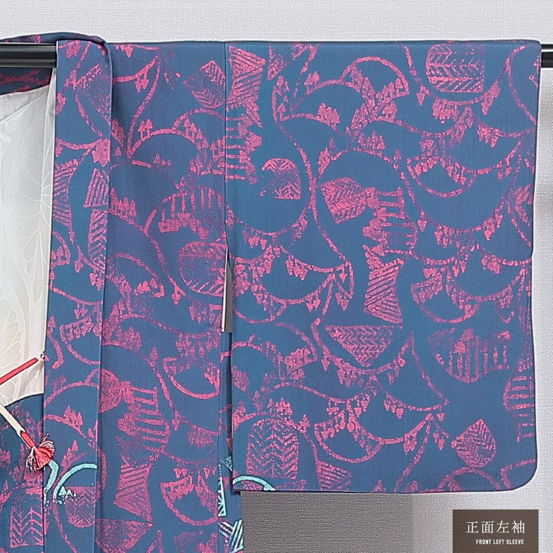 羽織 袷 身丈79cm 裄丈62cm 正絹 Aランク カジュアル Sサイズ 紐あり 創作柄 青系 RP 1232-16183