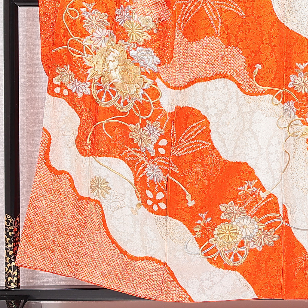 振袖 袷 身丈154cm 裄丈63cm フォーマル Cランク Sサイズ 正絹 広衿 牡丹 刺繍 金駒刺繍 1213-F0678