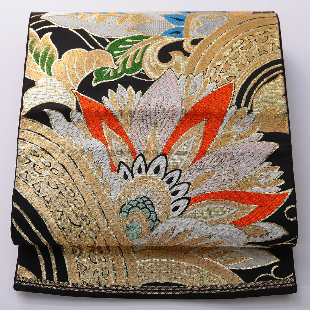 アンティーク 袋帯 帯丈412cm 六通 Aランク 正絹 植物柄 黒系 1223-01997