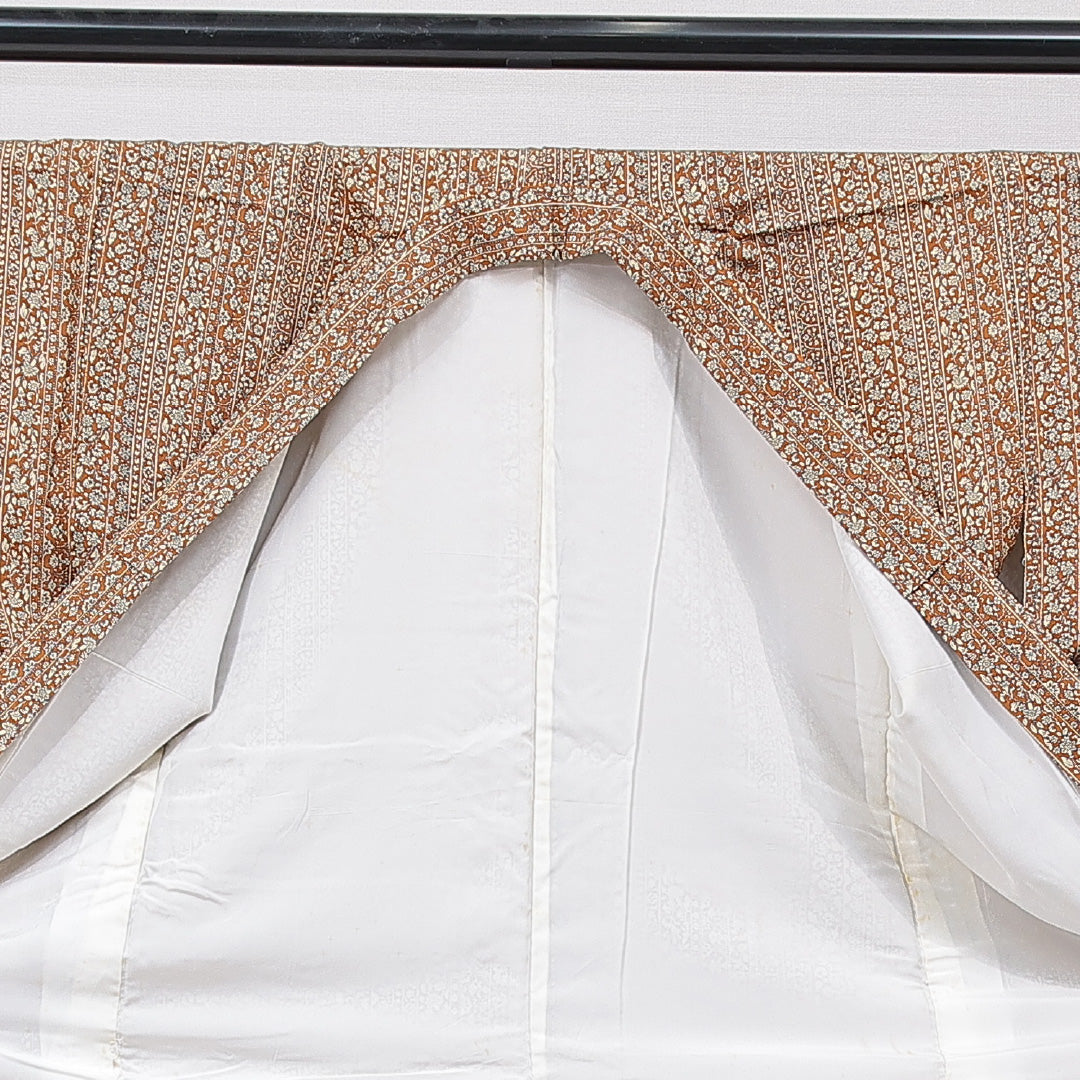 小紋 袷 身丈156cm 裄丈65cm 正絹 Dランク Mサイズ バチ衿 インフォーマル 更紗 花柄 茶系 1215-15710