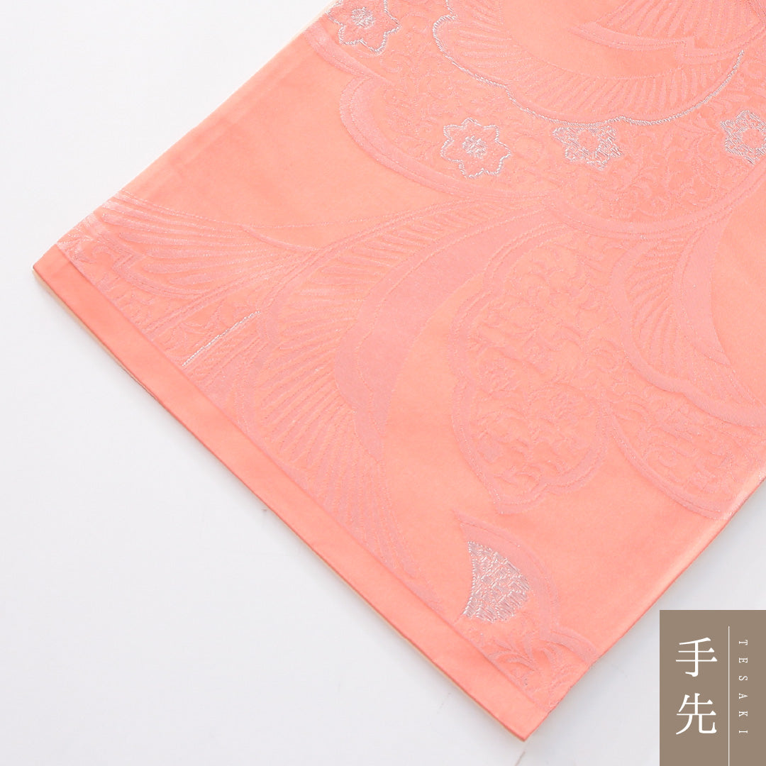 未使用品 袋帯 帯丈426cm 正絹 全通 帯芯なし 三松 セミフォーマル 唐草華文 ピンク系 1243-02255