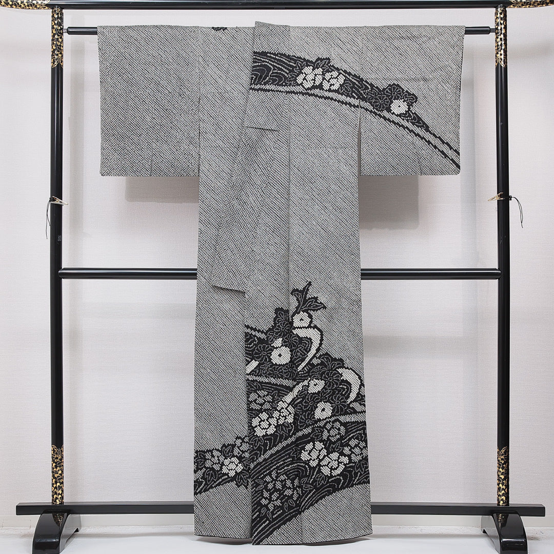 訪問着 袷 身丈162cm 裄丈64cm 正絹 Sランク セミフォーマル 広衿 Lサイズ 流水 菊 黒系 RP 1217-15744