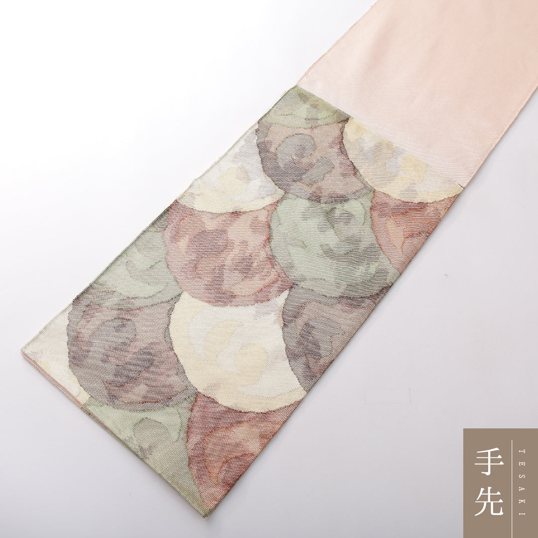 袋帯(紬) 帯丈442cm 正絹 六通 帯芯なし カジュアル 青海波 ピンク系 1243-02157