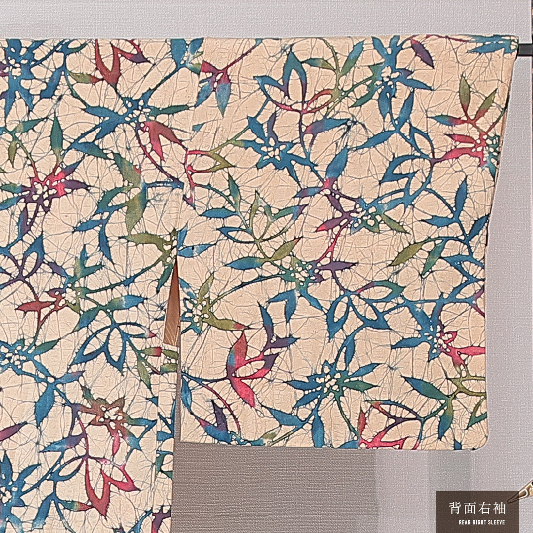 羽織 袷 身丈72cm 裄丈65cm 正絹 Aランク Mサイズ カジュアル 紐あり 植物柄 クリーム系 1217-15121