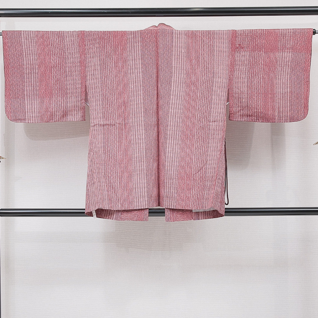 道中着 洗える着物 袷 身丈80cm 裄丈66cm ポリエステル Aランク Mサイズ バチ衿 カジュアル 縞 ピンク系 1264-15132