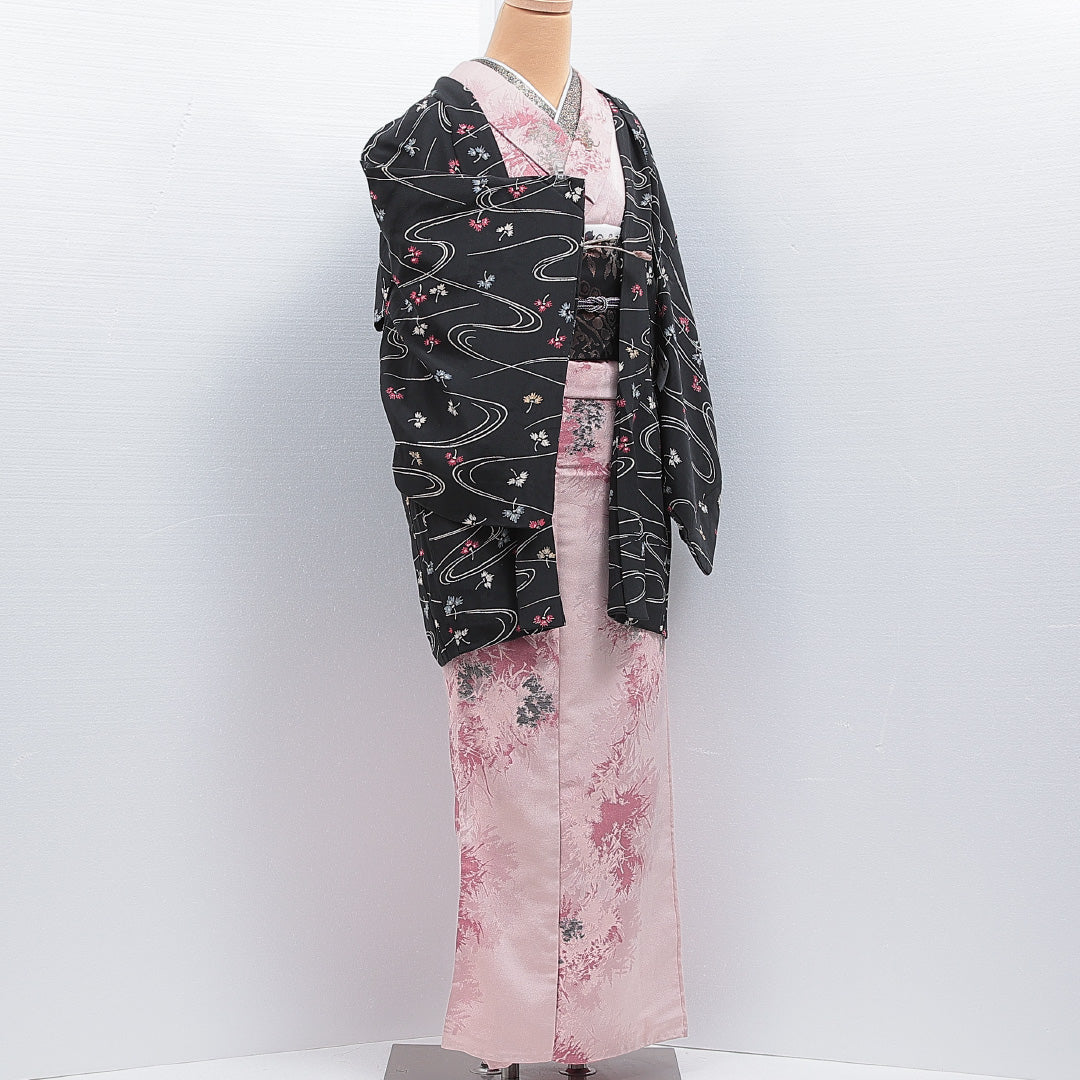 羽織 袷 身丈80cm 裄丈61cm 正絹 Cランク カジュアル Sサイズ 紐あり 流水 花柄 黒系 HP 1232-16170