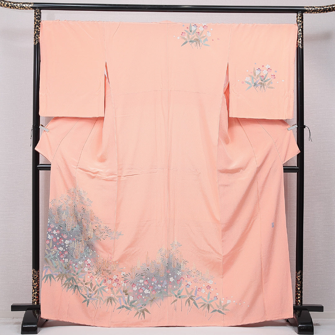 付下げ 袷 身丈166cm 裄丈69cm 正絹 Aランク XLサイズ 広衿 インフォーマル ちりめん 松 作家物 落款 朱系 1261-15704