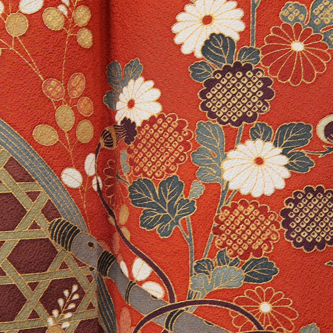 訪問着 袷 身丈156cm 裄丈65cm 正絹 Aランク Mサイズ 広衿 セミフォーマル 手描き友禅 ちりめん 籠目 梅 笠松 ぼかし染 金彩 作家物 落款 朱系 1212-15879