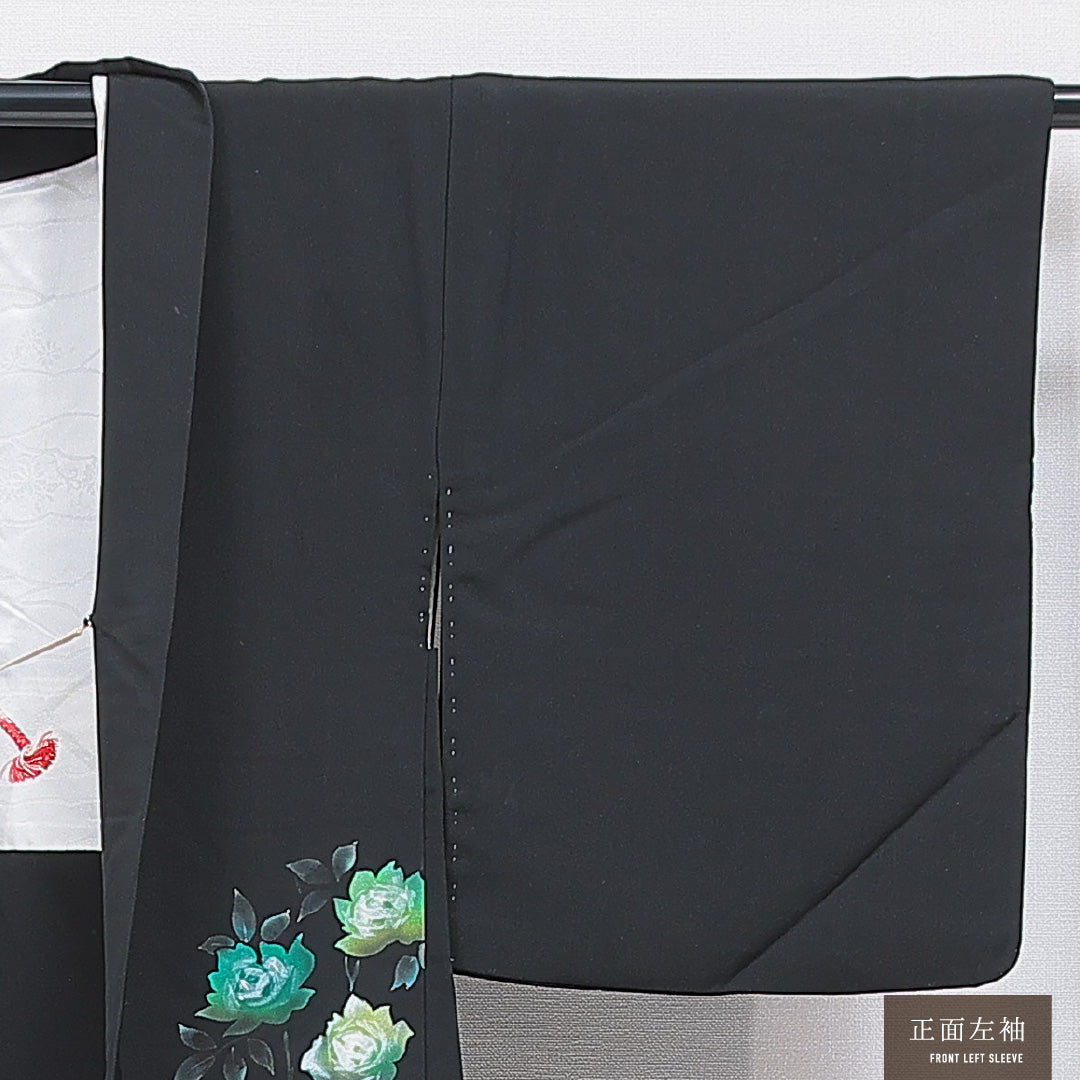 黒羽織 袷 身丈76cm 裄丈63cm 正絹 Aランク インフォーマル Sサイズ 紐あり 薔薇 黒系 RP 1233-16831
