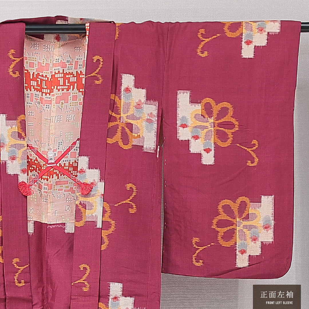 アンティーク 羽織(銘仙) 袷 身丈97cm 裄丈63cm 正絹 Aランク Sサイズ バチ衿 紐あり 菊 紫系 赤系 1217-15178