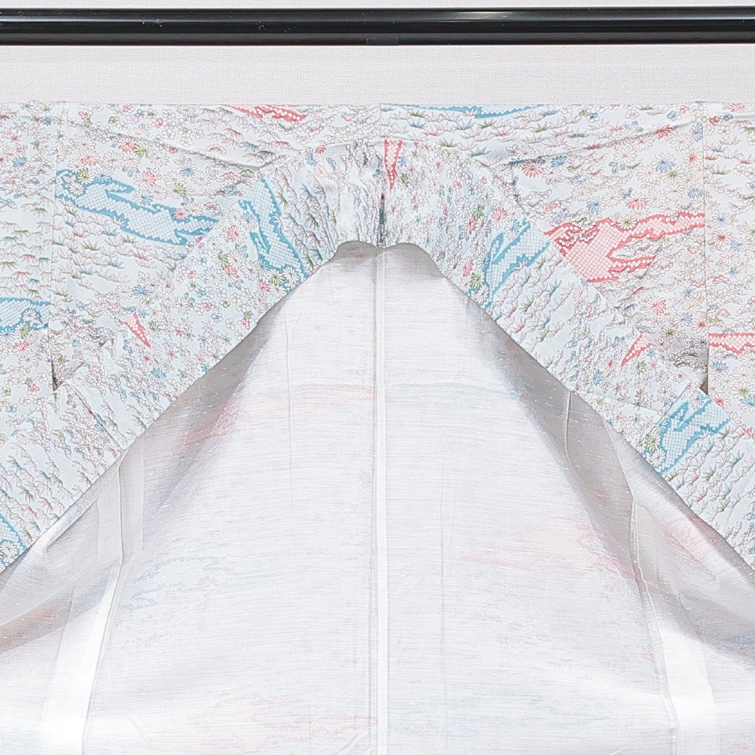 小紋 洗える着物 袷 身丈159cm 裄丈63cm ポリエステル Sランク Mサイズ 広衿 インフォーマル 菊 笠松 水色系 1215-15808