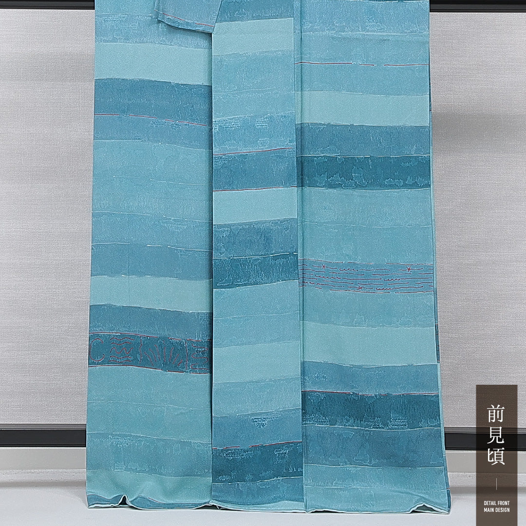 小紋 袷 身丈168cm 裄丈67cm 正絹 Cランク XLサイズ 広衿 インフォーマル 抽象柄 青系 水色系 1215-15656