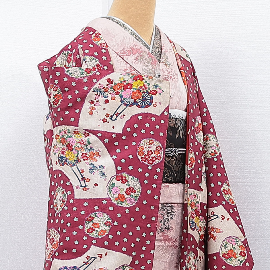アンティーク 羽織(紬) 袷 身丈93cm 裄丈63cm 正絹 Cランク Sサイズ 後染め 扇 牡丹 紫系 1217-15324