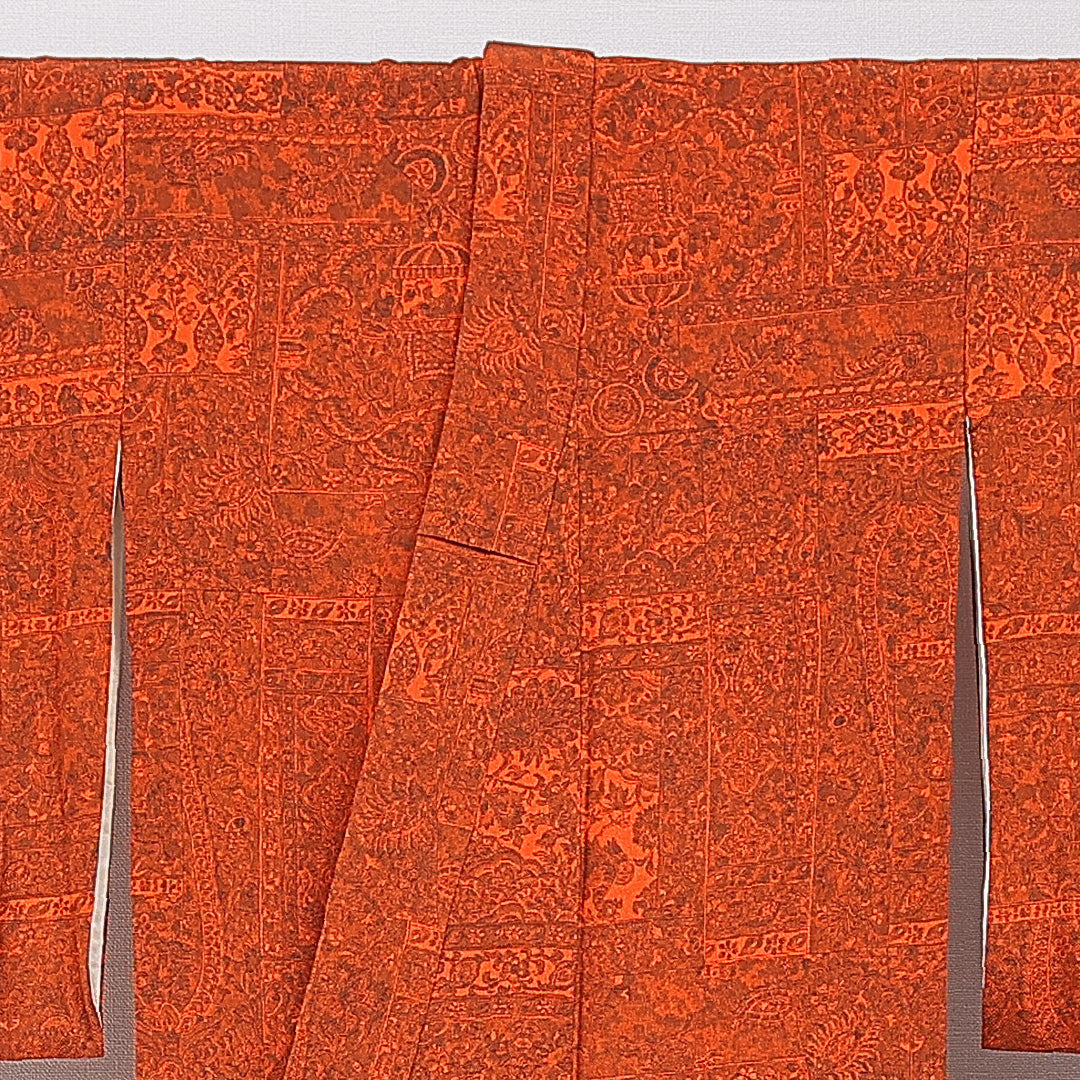 アンティーク 小紋 袷 身丈155cm 裄丈62cm 正絹 Aランク Mサイズ バチ衿 更紗 ちりめん 花柄 赤系 朱系 1215-15683