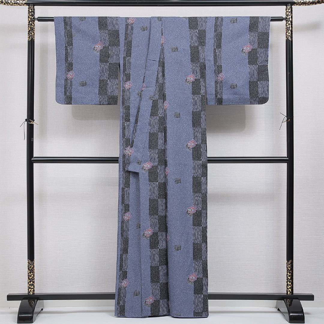 小紋 洗える着物 胴抜き 身丈162cm 裄丈67cm ポリエステル Cランク Lサイズ バチ衿 インフォーマル 花柄 青系 1215-16339