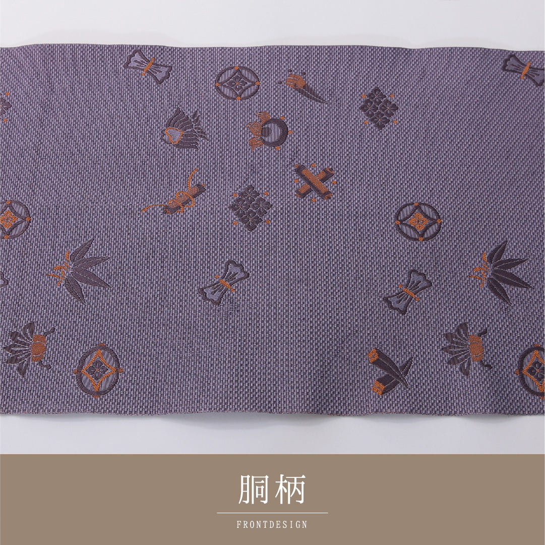 九寸名古屋帯 帯丈364cm カジュアル 開き仕立て 全通 Aランク 正絹 巻物 笹 紫系 1224-03277