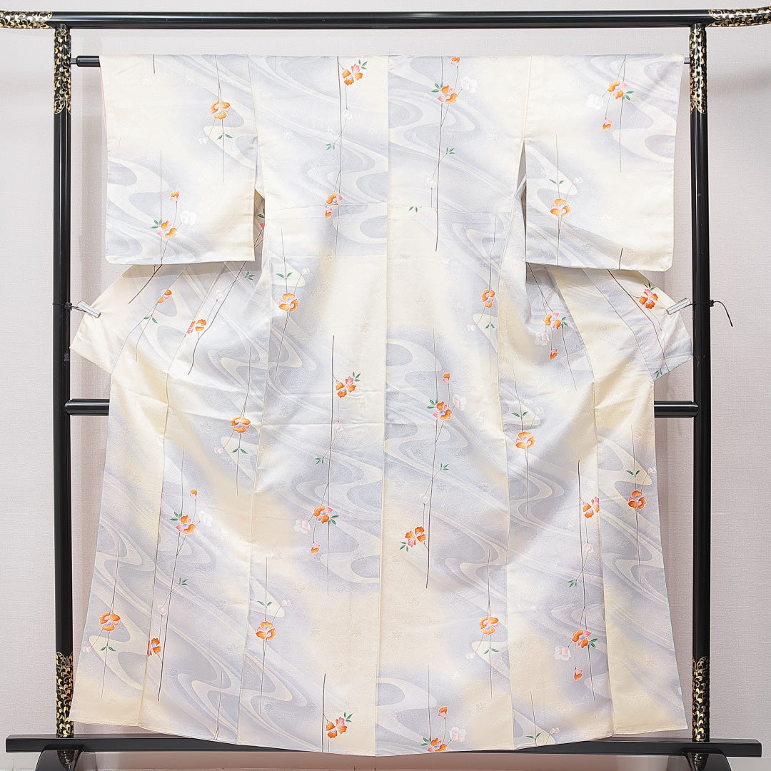 小紋 洗える着物 袷 身丈160cm 裄丈63cm ポリエステル Cランク Lサイズ 広衿 インフォーマル 青海波 花柄 クリーム系 1215-15832