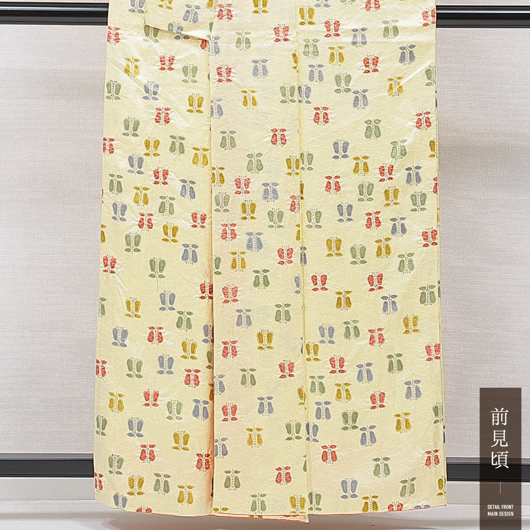 小紋 袷 身丈158cm 裄丈64cm 正絹 Cランク インフォーマル 広衿 Mサイズ 花柄 黄系 HP 1221-15550