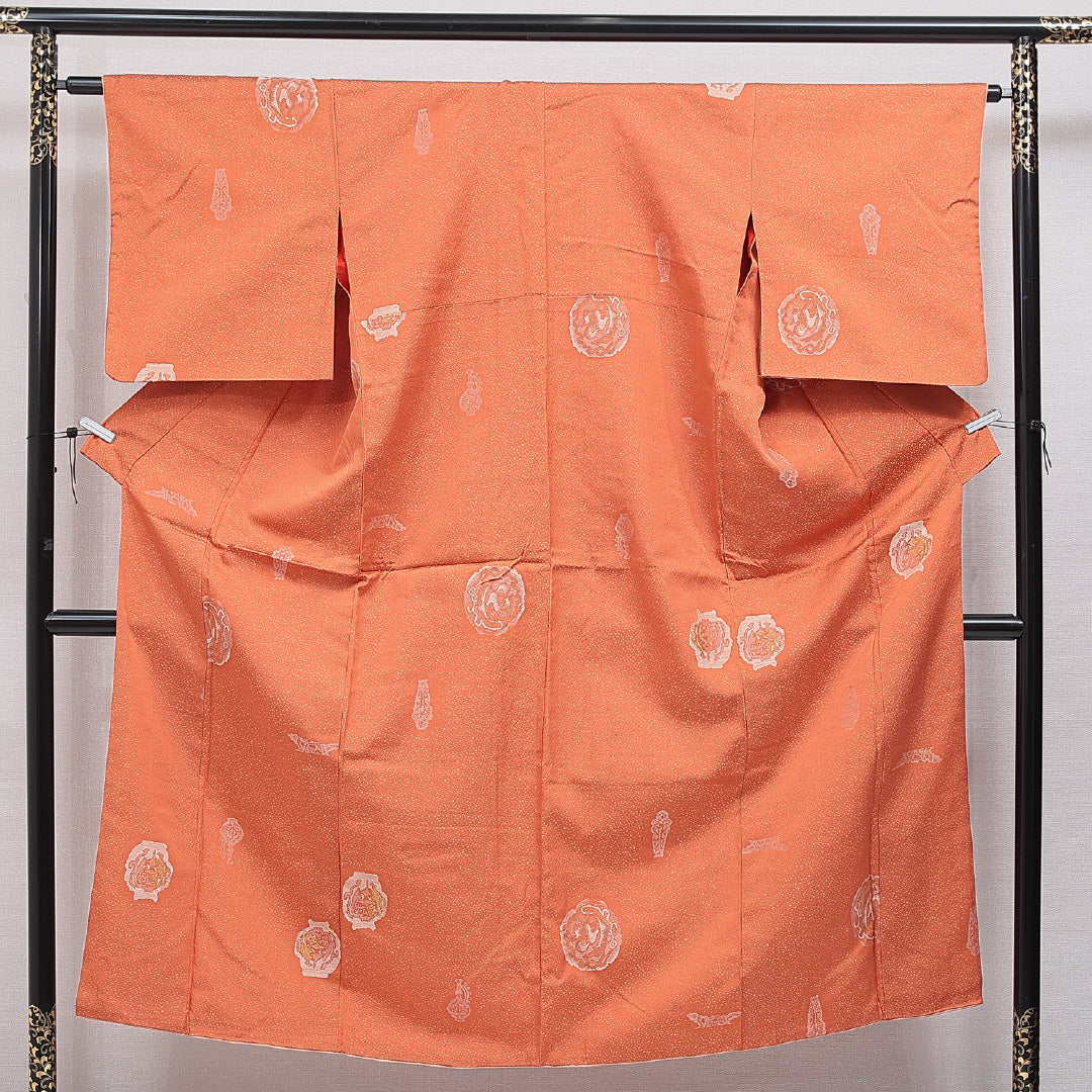 アンティーク お召 袷 身丈146cm 裄丈62cm 正絹 Aランク XSサイズ バチ衿 創作柄 朱系 1265-15974