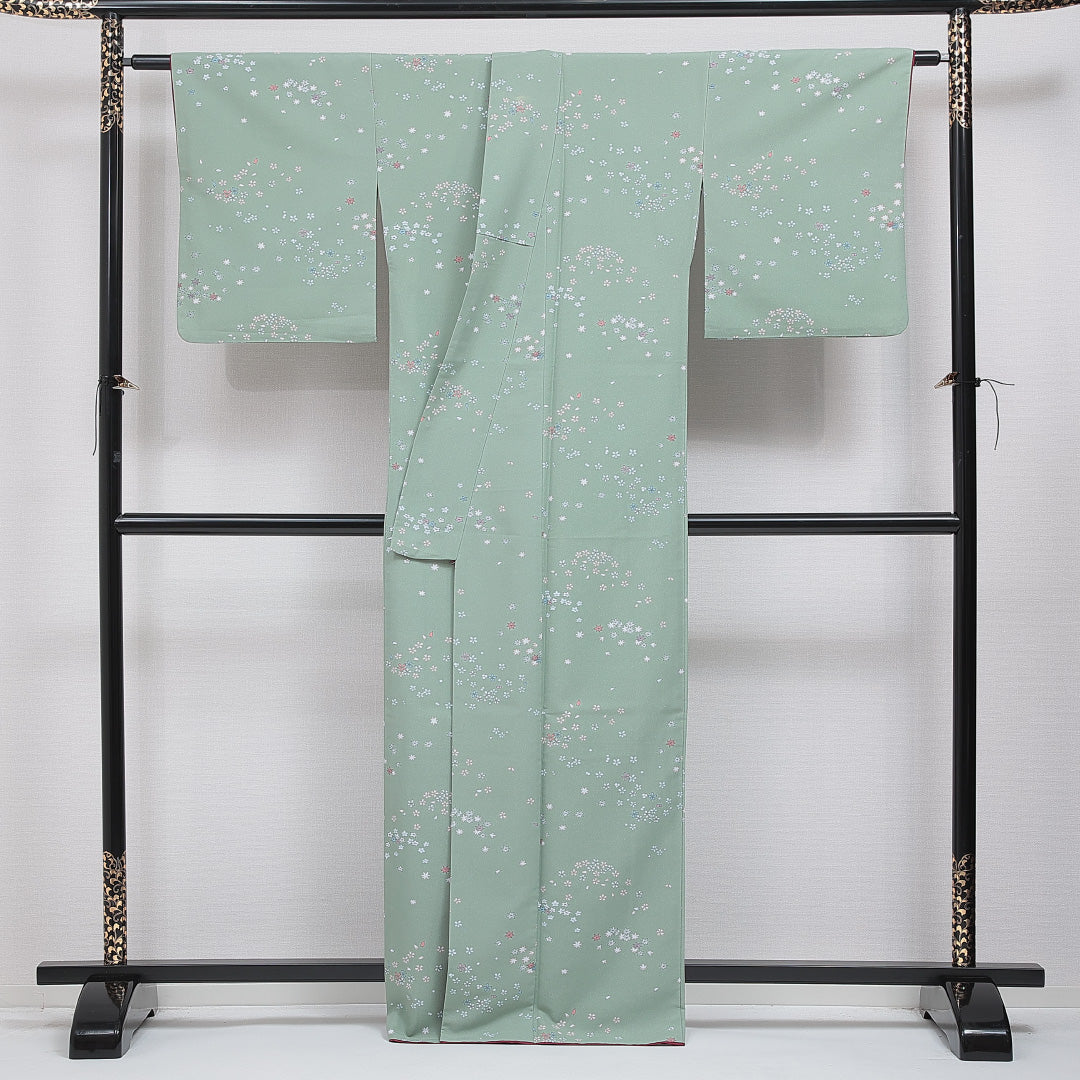 洗える着物 小紋 袷 身丈165cm 裄丈66cm ポリエステル Bランク インフォーマル 広衿 XLサイズ 桜 緑系 RP 1221-16106