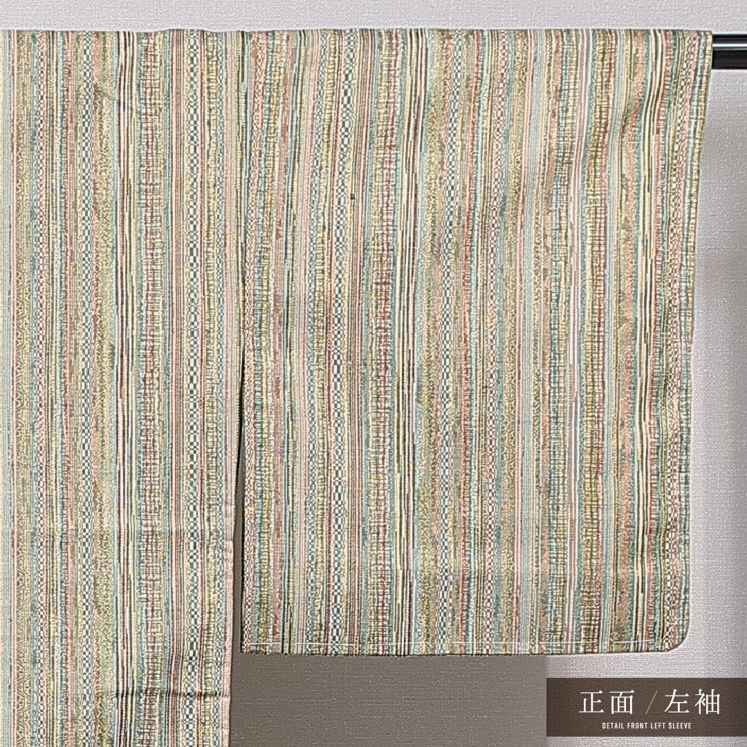 紬 袷 身丈160cm 裄丈61cm 正絹 Sランク カジュアル バチ衿 Lサイズ 縞 緑系 RP 1223-15477
