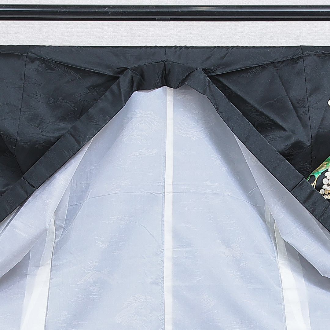 訪問着 洗える着物 袷 身丈164cm 裄丈63cm ポリエステル Sランク Lサイズ バチ衿 セミフォーマル 孔雀 金駒刺繍 黒系 1212-16287